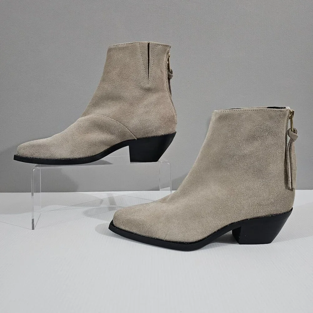 All Saints Lenora Goring Ankle Boot Women 7 Taupe Gray Suede Zip Up Low Heel NEW